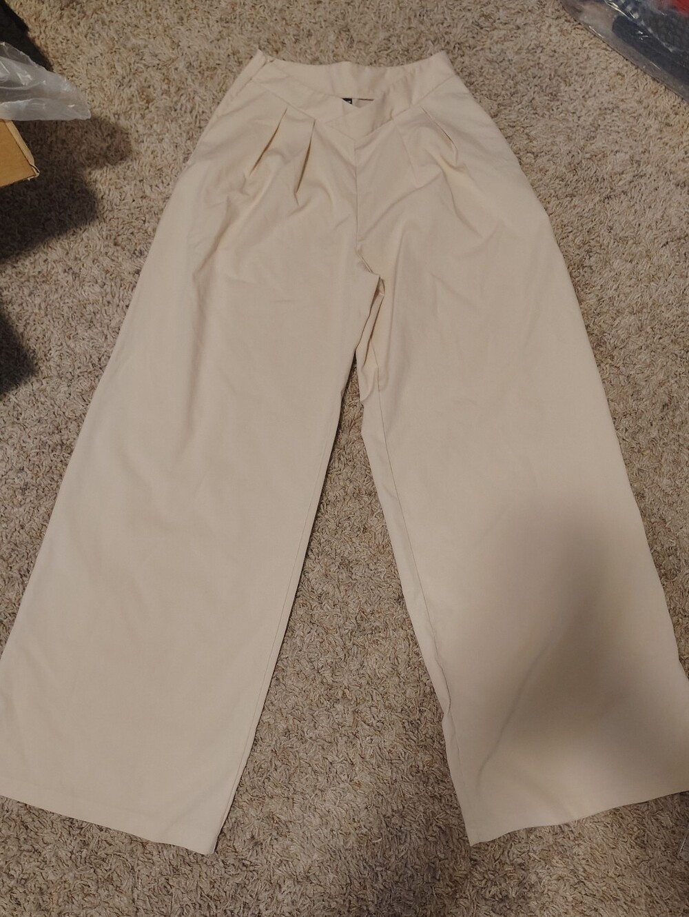 SHEIN Cream Apricot High Waisted Pleated Wide Leg Pants Trousers Size S-Tall